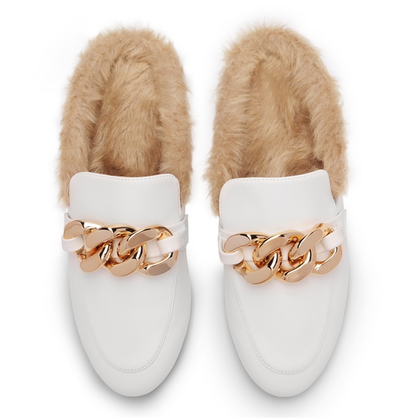 Chain Closed Toe Fur Lined Mules - WHITE - 4