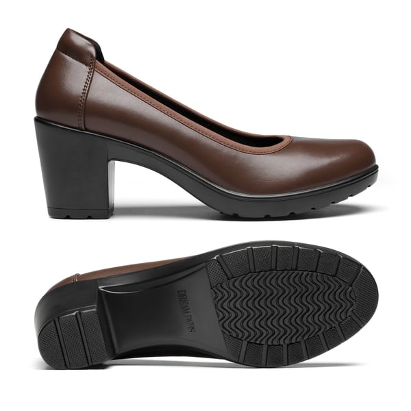 [Stand All Day Pumps] Edena Chunky Low Block Heel Pumps - BROWN - 2
