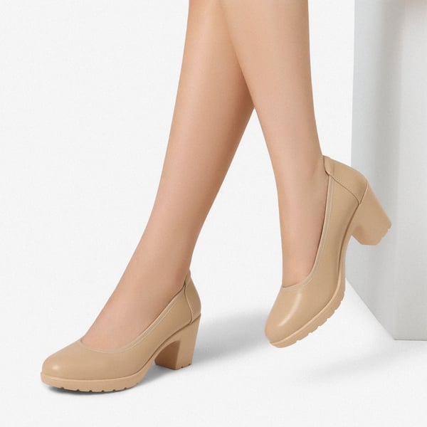 [Stand All Day Pumps] Edena Chunky Low Block Heel Pumps - NUDE - 1