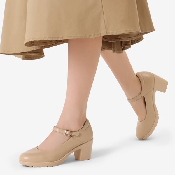 [Stand All Day Pumps] Edenia Round Toe Mary Jane Pumps - NUDE - 1