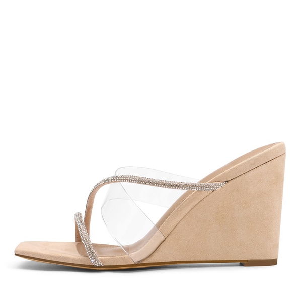 Crossover Sparkly Strap Clear Wedge Sandals - NUDE - 2