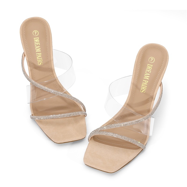 Crossover Sparkly Strap Clear Wedge Sandals - NUDE - 4