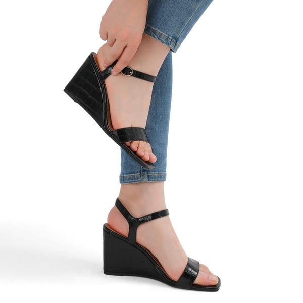 Square Toe Slingback Wedge Sandals - BLACK - 1