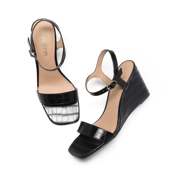 Square Toe Slingback Wedge Sandals - BLACK - 4