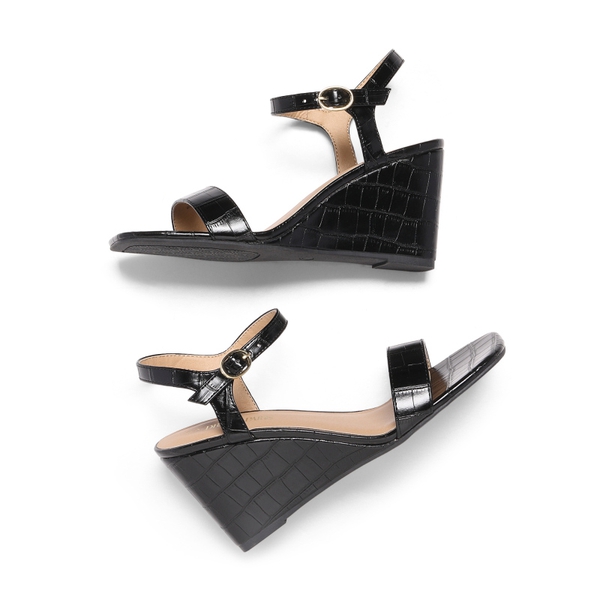 Square Toe Slingback Wedge Sandals - BLACK - 5