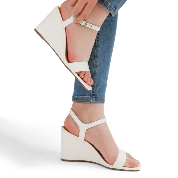 Square Toe Slingback Wedge Sandals - WHITE - 1
