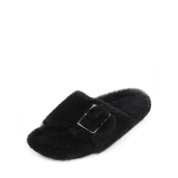 Slip-On Fuzzy House Slippers - BLACK -  0