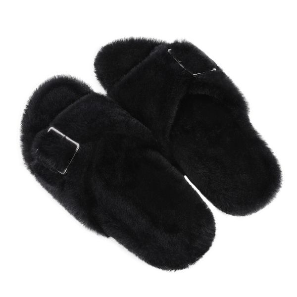 Slip-On Fuzzy House Slippers - BLACK - 5