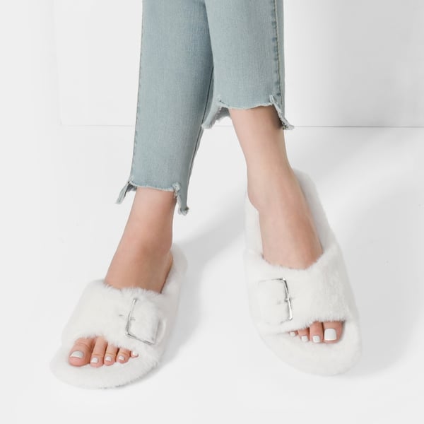 Slip-On Fuzzy House Slippers - WHITE - 1