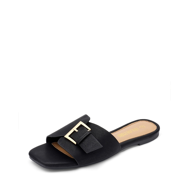 Metal Buckle Flat Mules - BLACK -  0