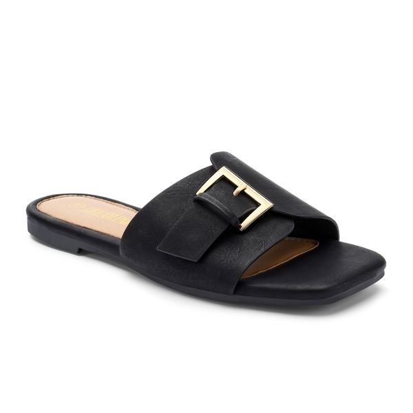 Metal Buckle Flat Mules - BLACK - 2