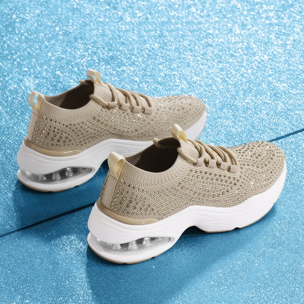 Lace Up Knitted Glitter Sneakers - NUDE - 4