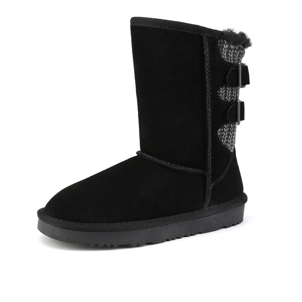 [FuzzyChic Kid's Buckle] Fur Lined Suede Winter Kids Snow Boots - BLACK -  0