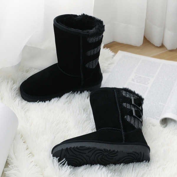 [FuzzyChic Kid's Buckle] Fur Lined Suede Winter Kids Snow Boots - BLACK - 1