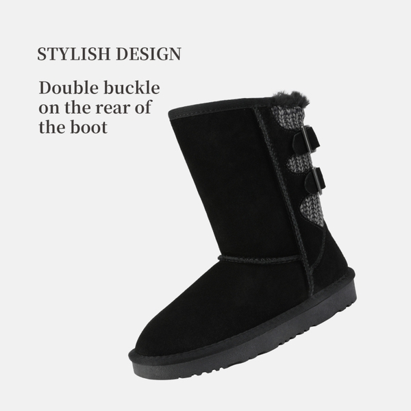 [FuzzyChic Kid's Buckle] Fur Lined Suede Winter Kids Snow Boots - BLACK - 2