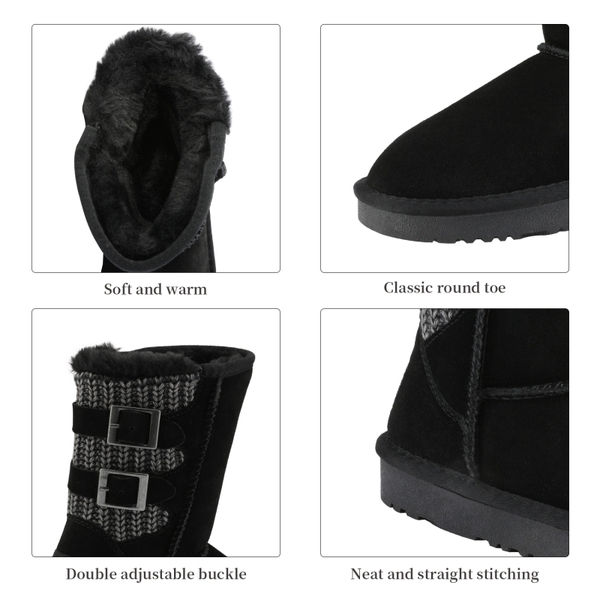 [FuzzyChic Kid's Buckle] Fur Lined Suede Winter Kids Snow Boots - BLACK - 3