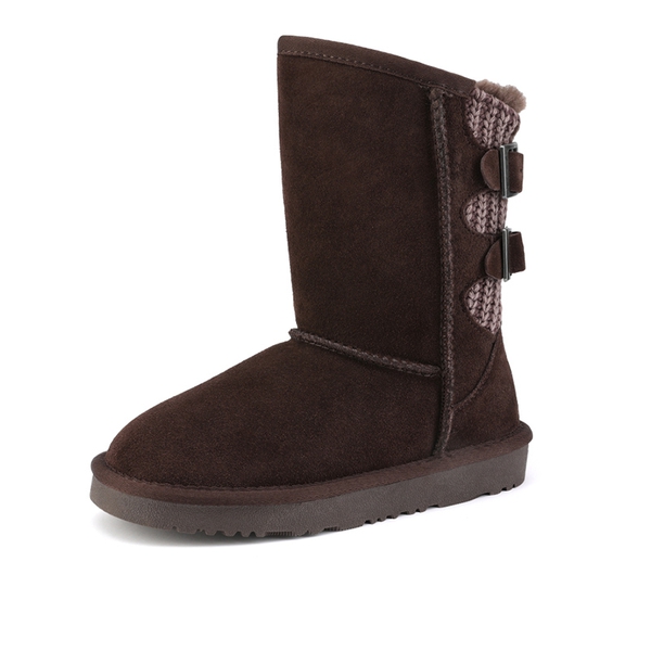 [FuzzyChic Kid's Buckle] Kids Fur Lined Suede Non Slip Winter Boots - BROWN -  0