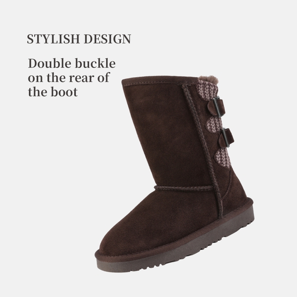 [FuzzyChic Kid's Buckle] Kids Fur Lined Suede Non Slip Winter Boots - BROWN - 2