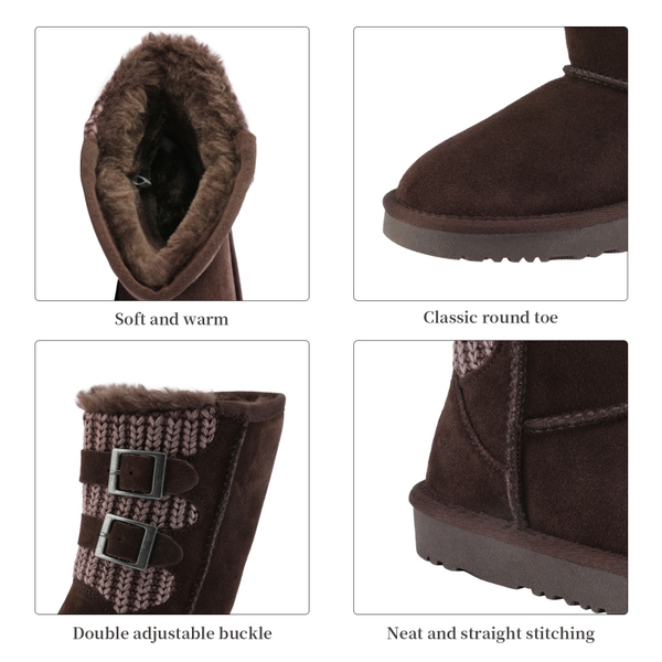 [FuzzyChic Kid's Buckle] Kids Fur Lined Suede Non Slip Winter Boots - BROWN - 3