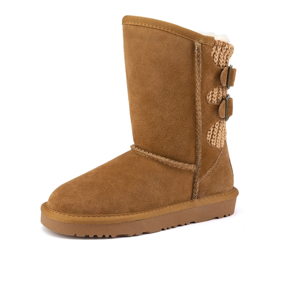 [FuzzyChic Kid's Buckle] Kids Fur Lined Suede Non Slip Winter Boots - CHESNUT -  0