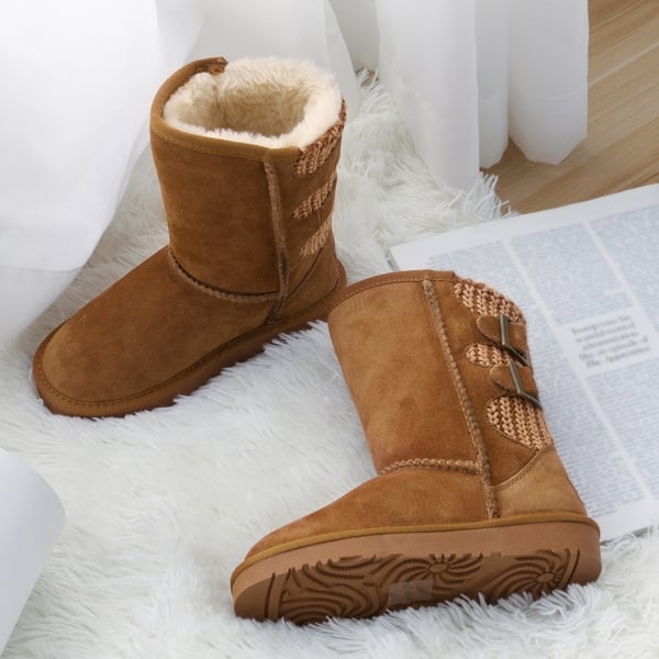 [FuzzyChic Kid's Buckle] Kids Fur Lined Suede Non Slip Winter Boots - CHESNUT - 1