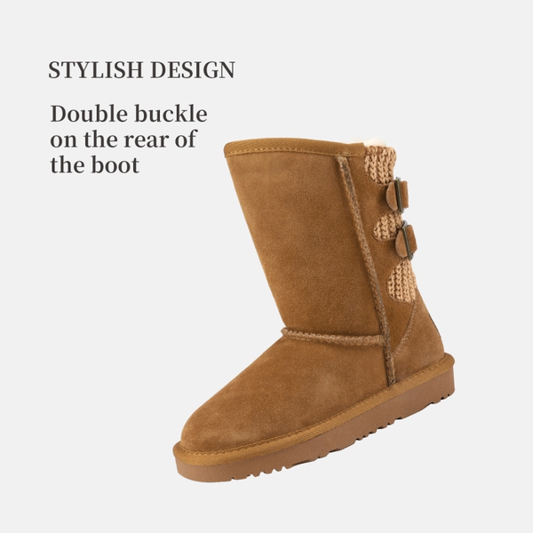 [FuzzyChic Kid's Buckle] Kids Fur Lined Suede Non Slip Winter Boots - CHESNUT - 2