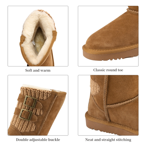 [FuzzyChic Kid's Buckle] Kids Fur Lined Suede Non Slip Winter Boots - CHESNUT - 3