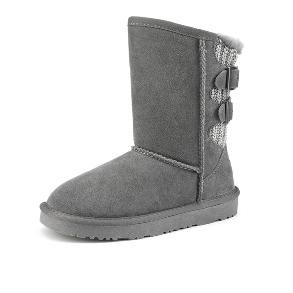 [FuzzyChic Kid's Buckle] Fur Lined Suede Winter Kids Snow Boots - GREY -  0