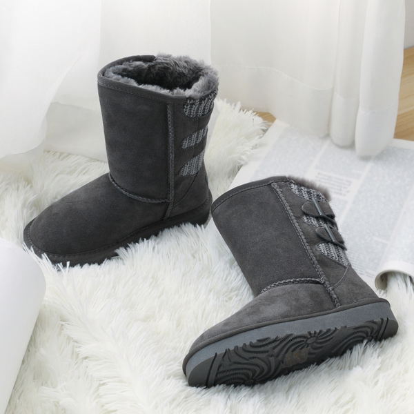 [FuzzyChic Kid's Buckle] Fur Lined Suede Winter Kids Snow Boots - GREY - 1
