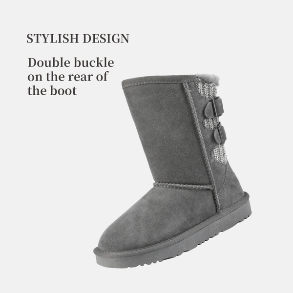 [FuzzyChic Kid's Buckle] Fur Lined Suede Winter Kids Snow Boots - GREY - 2