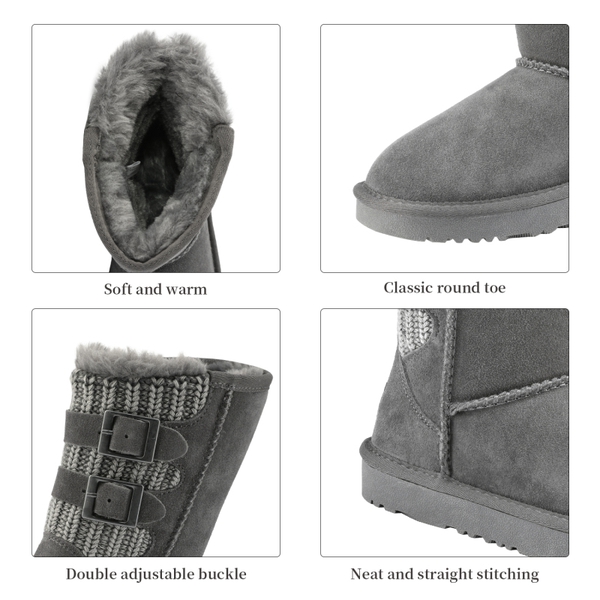 [FuzzyChic Kid's Buckle] Fur Lined Suede Winter Kids Snow Boots - GREY - 3