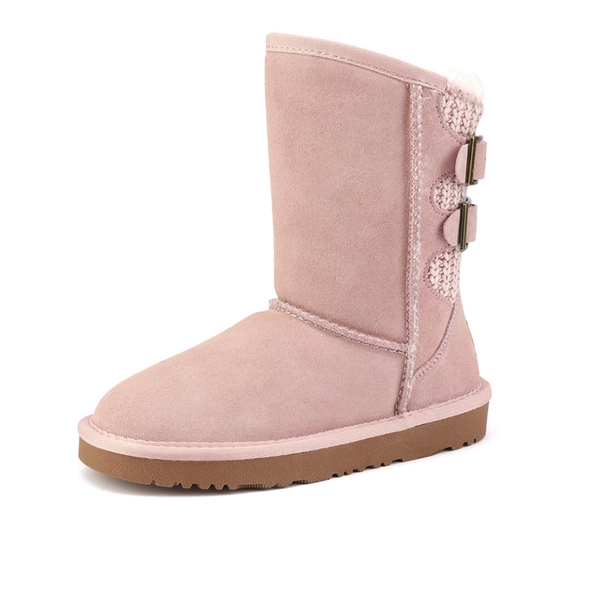 [FuzzyChic Kid's Buckle] Fur Lined Suede Winter Kids Snow Boots - PINK -  0