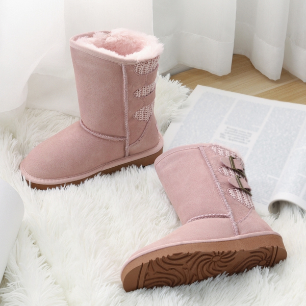 [FuzzyChic Kid's Buckle] Fur Lined Suede Winter Kids Snow Boots - PINK - 1