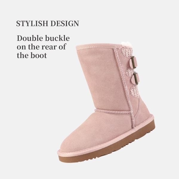 [FuzzyChic Kid's Buckle] Fur Lined Suede Winter Kids Snow Boots - PINK - 2