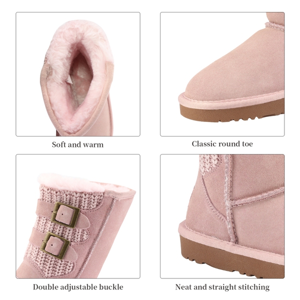 [FuzzyChic Kid's Buckle] Fur Lined Suede Winter Kids Snow Boots - PINK - 3