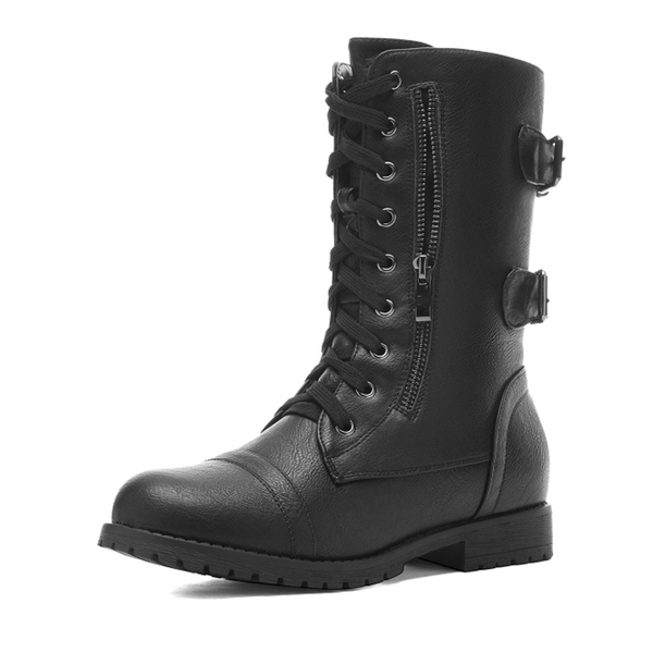 Faux Fur Mid Calf Combat Boots - BLACK -  0