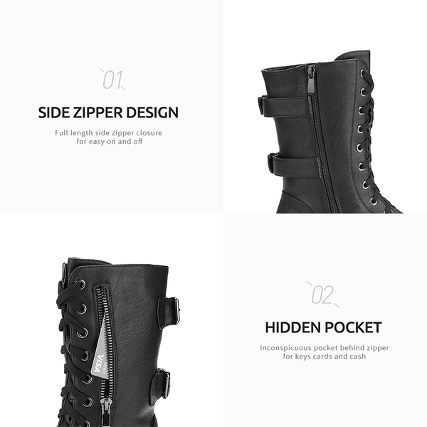 Faux Fur Mid Calf Combat Boots - BLACK - 3