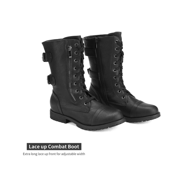 Faux Fur Mid Calf Combat Boots - BLACK - 4