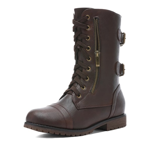 Faux Fur Mid Calf Combat Boots - BROWN -  0
