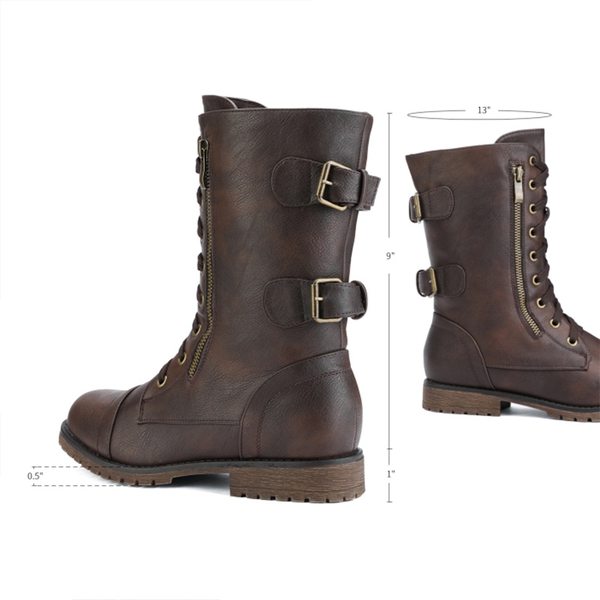 Faux Fur Mid Calf Combat Boots - BROWN - 1