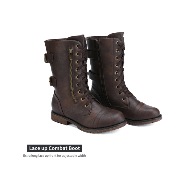 Faux Fur Mid Calf Combat Boots - BROWN - 4