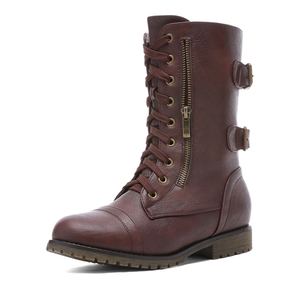 Faux Fur Mid Calf Combat Boots - BURGUNDY -  0