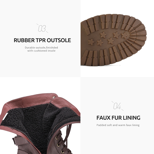 Faux Fur Mid Calf Combat Boots - BURGUNDY - 2