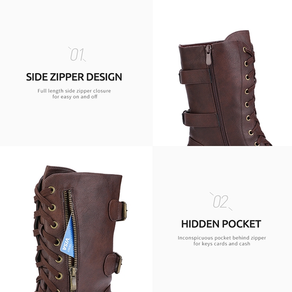 Faux Fur Mid Calf Combat Boots - BURGUNDY - 3