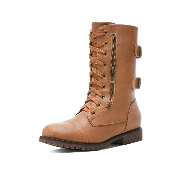 Faux Fur Mid Calf Combat Boots - CAMEL -  0