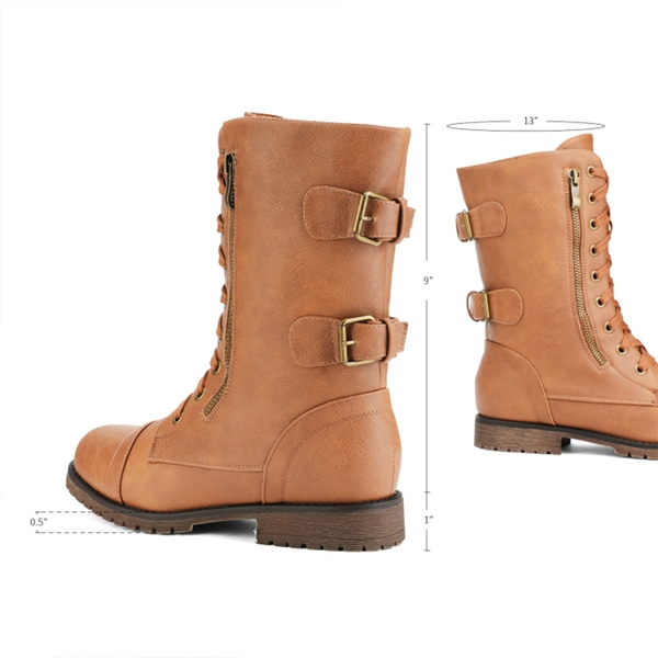 Faux Fur Mid Calf Combat Boots - CAMEL - 1