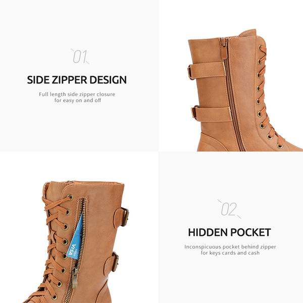 Faux Fur Mid Calf Combat Boots - CAMEL - 3