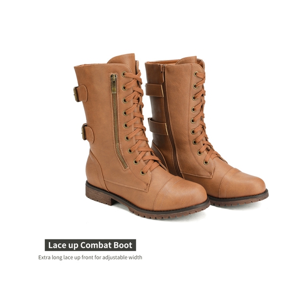 Faux Fur Mid Calf Combat Boots - CAMEL - 4
