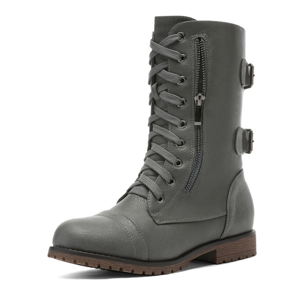 Faux Fur Mid Calf Combat Boots - GREY -  0