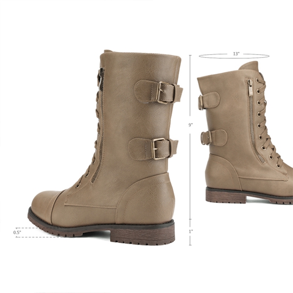 Faux Fur Mid Calf Combat Boots - KHAKI - 1